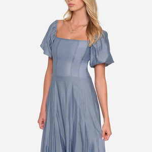 <span class=keywords><strong>Vestido</strong></span> Azul Polvoriento para Mujer, Cuello <span class=keywords><strong>Cuadrado</strong></span>, <span class=keywords><strong>Manga</strong></span> <span class=keywords><strong>Abullonada</strong></span>, Corte en A, Plisado, Casual, de Verano - Product Image 2