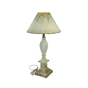 Antique Table Lamp with Distressed White Shade - Classic Columnar Desk Light for Elegant Spaces