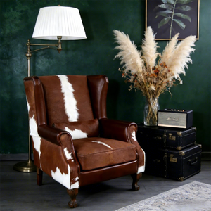 Vintage Brown Genuine Leather Midcentury Modern Dining Living Room <strong>Wing</strong> <strong>Back</strong> Accent <strong>Chair</strong> with Solid Hardwood Frame - Product Image 4