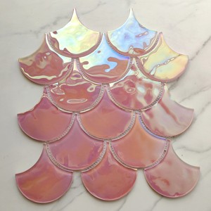 Prezzo all'ingrosso nuovo prodotto <span class=keywords><strong>rosa</strong></span> forma di ventaglio di pesce scala iridescente tessere di mosaico di vetro per la decorazione della parete - Product Image 5