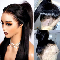 Perruque 360 en cheveux naturels, longue et droite, noire, avec cordon de serrage invisible, prête à l'emploi, en dentelle complète, pour femmes, vente en gros