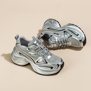 Zapatillas deportivas plateadas para mujer, con parte superior de malla transpirable, con cordones, que aumentan la altura, calzado informal deportivo para caminar, calzado de moda - Product Image 5