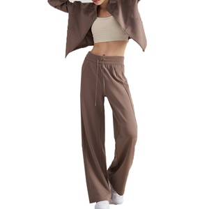 Ensemble de survêtement sportif 2 pièces en coton pour femme, couleur unie, col montant, style décontracté, tissage, saison d'automne - Product Image 2