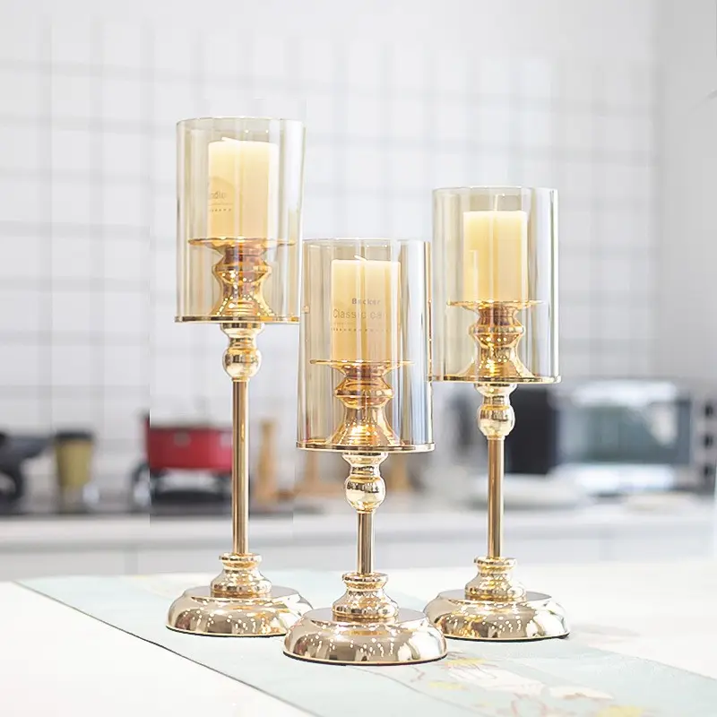 Luxury Modern Alloy Glass Weeding Candlestick Holder Gold Candle Holder Decor Brass Candle Holder Metal Glass Jars Vintage Glass