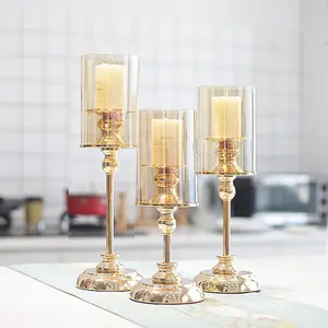 Candelero de deshierbe de cristal de aleación moderna de lujo, candelabro dorado, decoración de latón, portavelas de vidrio de Metal, tarros de vidrio Vintage