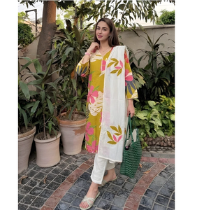 Olive Green Pink and <b>White</b> Floral 3 <b>Piece</b> Kurta <b>Set</b> Stylish Ethnic Wear for Festive Casual and Party Occasion - Product Image 1