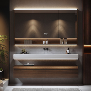 Meuble-lavabo de salle de bain avec lavabo simple ou double, meuble-lavabo suspendu avec miroir LED anti-buée - Product Image 1