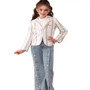 Midden-Oosten Kinderkleding 2024 Herfst Nieuw Meisje Hert Huid Fluwelen Jas Set Ronde Hals Onderkant Shirt Wijde Pijpen Jeans