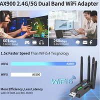 Adaptador USB3.0 Inalámbrico WiFi6 Externo AX900, Receptor de Red LAN de 900Mbps, BT5.4, Doble Banda 2.4GHz 5GHz para Windows 10/11