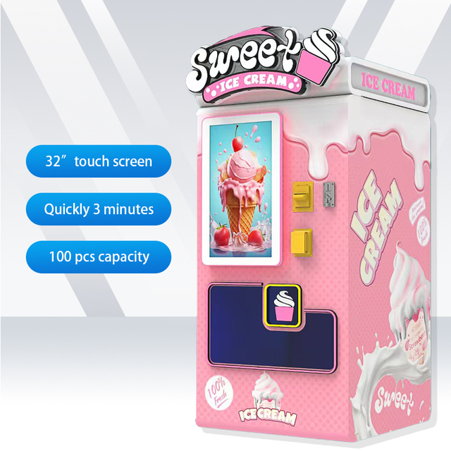 Robotic Smart Touchscreen Soft Ice Cream Vending Machine 32-inch Display 100pcs Capacity Auto Clean Multiple Payment Remote