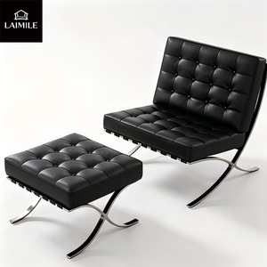 Sillón <span class=keywords><strong>Barcelona</strong></span>, Sofá Individual, Estilo Nórdico Minimalista, para Hotel, Sala de Estar, Modelo de Diseño, Tapizado en Cuero y Tela, con Brazos Metálicos - Product Image 6