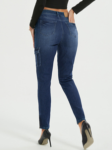 Jean slim droit taille haute pour femme, multi-poches, bleu uni, respirant, tendance, style rétro, idéal pour le travail - Product Image 4
