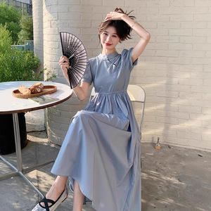 Blue Traditional Chinese Dress Women Puff Sleeves Chinese Knot Buttons Solid Color Polyester Long Skirt Elegant Style - Product Image 4
