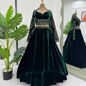 Lehenga Choli en velours de luxe DFG QRC 302 |   Broderie de paillettes sur fil |   4,5 m Flair |   Édition Boutique Premium Semi Cousue pour Fête - Product Image 1