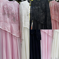 Robe de soirée formelle modeste OEM d'usine Dubaï, rose, en dentelle perlée, à manches longues, en tulle superposé, longue, pour l'Aïd et le Ramadan