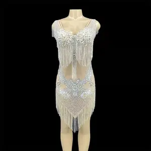 NOVANCE Y2208 Spring 2022 Womens Clothing Diamond Decal Tassel Ladies Mesh Stone Silver Dress Sexy shine Latin Dance Dress