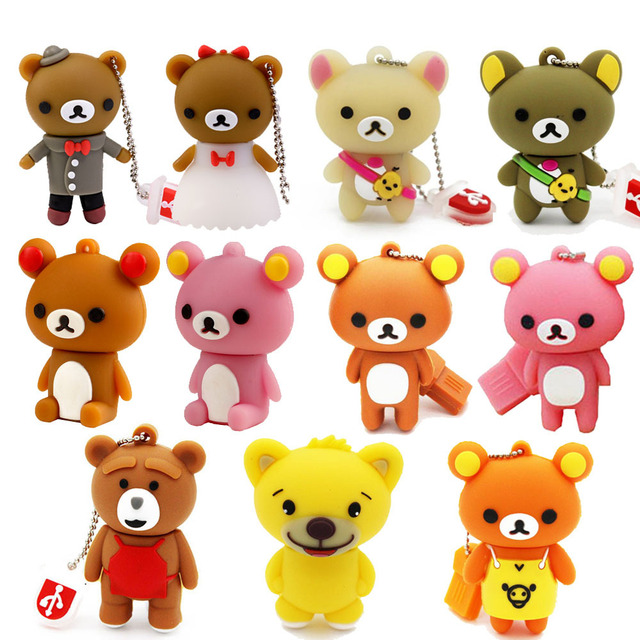 Cute Cartoon Bear Silicone USB Flash Drive 2GB4GB8GB PVC Flash Drive with Free Key Chain Creative Gift for Kids