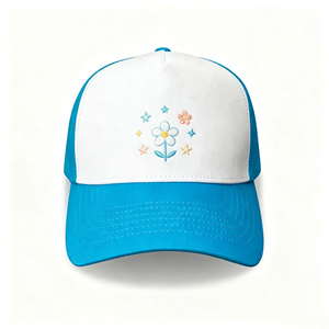 Casquette de baseball à 5 panneaux avec broderie florale, bleu et blanc, réglable, légère et respirante, idéale pour le golf et la randonnée en extérieur - Product Image 1