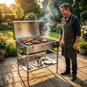 Barbecue portable en charbon <span class=keywords><strong>de</strong></span> bois, pliable, type valise, <span class=keywords><strong>pour</strong></span> camping, avec fonction fumoir et grill - Product Image 1