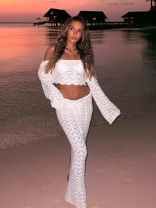 Conjunto de Dos Piezas de Punto Liso para Mujer, Top de Manga Larga con Hombros Descubiertos y Falda, Ropa de Playa, Traje de Baño, Tallas S-L - Product Image 1