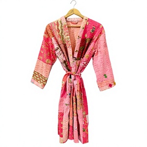 Robe kimono rose patchwork pour femme, manches trois quarts, longueur intégrale, matelassée, décontractée, vêtement de nuit, tissée, pour le printemps - Product Image 1