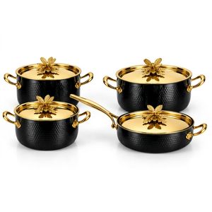 Juego de ollas de metal duradero de 4 piezas con tapas de hoja de oro, estilo martillado negro, para cocinas de gas e inducción. - Product Image 1