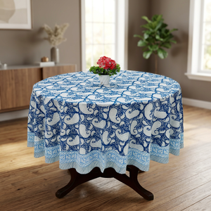 Handmade Modern Cotton Round <b>Table</b> <b>Cover</b>-Wedding & Event Use Blue & White Floral Paisley Design Washable Customizable - Product Image 3
