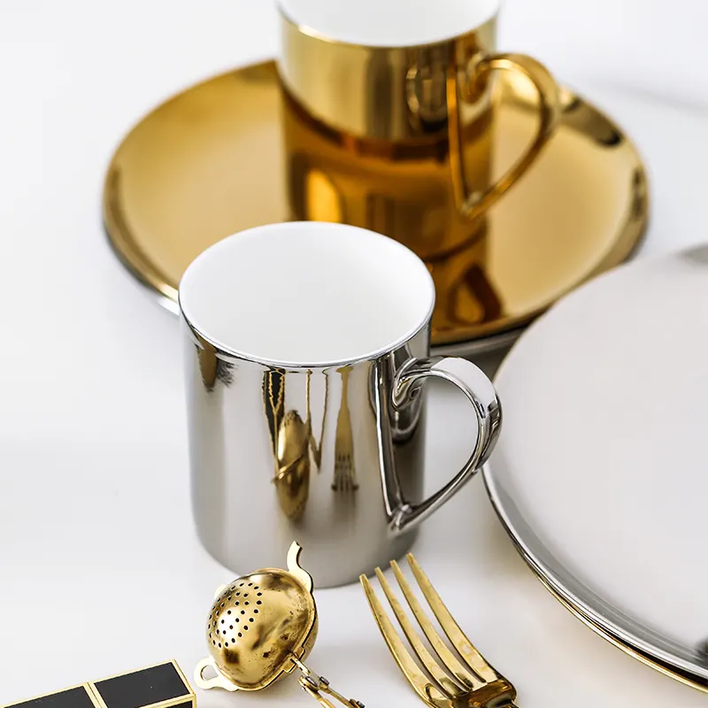 High Quality Modern Tableware Decoration Plates With Mugs Round Porcelain Charger Silver Gold Plate For Hotel Kitchen 1634