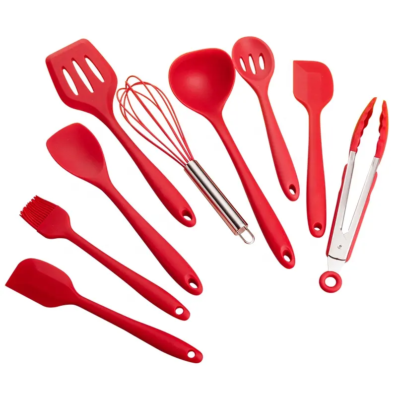 キッチン用品セット赤い色10ピースシリコンキッチン用品ツール調理用ノンスティック用品セット