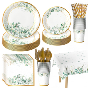 Vajilla Desechable con Diseño de Hojas de Eucalipto Verde <span class=keywords><strong>para</strong></span> Fiestas de <span class=keywords><strong>Bautizo</strong></span> de Bebés - Product Image 1