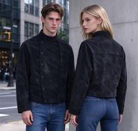 Veste à col montant croisée courte, style vintage usé, streetwear, avec poches à rabat, noire, vente en gros, personnalisable