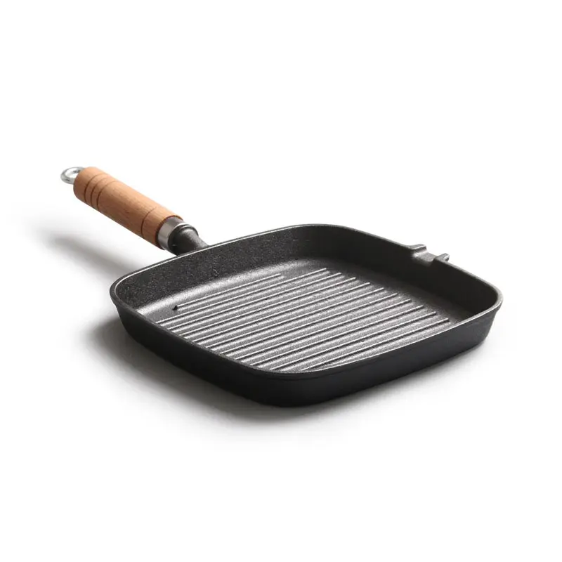 Outdoor Camping Cast Iron Steak Pan Bbq Square Grill Pan Cast Iron Frying Pan With Wood Handle