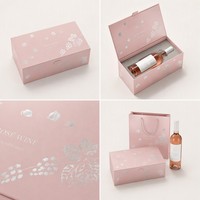 Boîte cadeau personnalisée pour vin rosé, boîte rigide rose pâle avec feuille d'aluminium argentée, emballage pour une seule bouteille de vin rosé