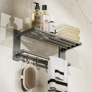 Porte-serviettes mural de luxe avec étagère et crochets, finition poudrée, rectangulaire, sans perçage, pour salle de bain et usage domestique - Product Image 1