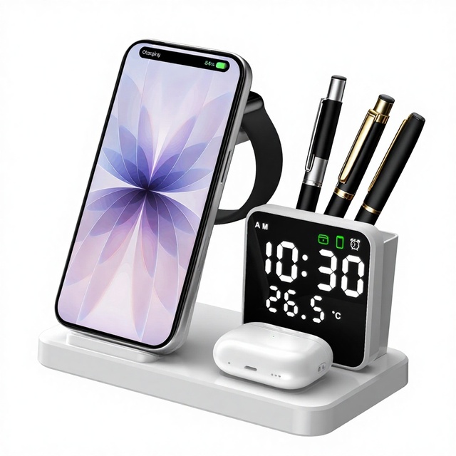 Multiple Wireless Charger 15W Desktop Charging Dock Stand for iPhone 15 Pro Max for Earphones with Time Display
