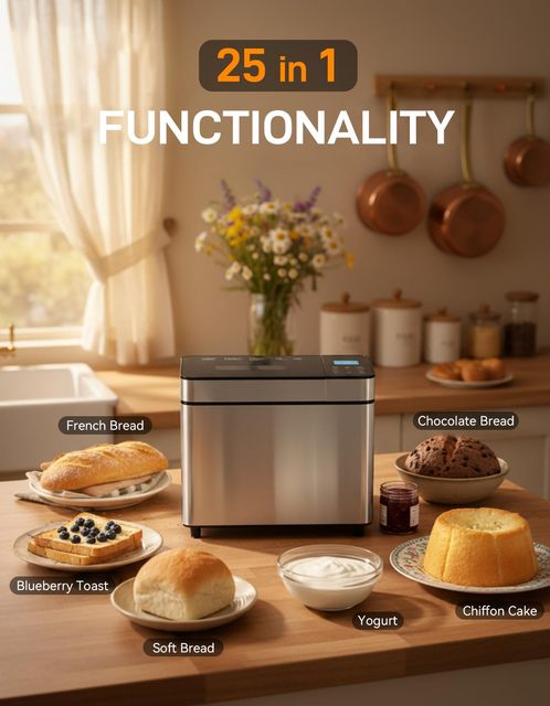 25-IN-1 Electric Bread Maker Visible Lid | Stainless Steel 2lb Capacity Automatic Nut Dispenser 13-Hour Delay Timer One-Touch