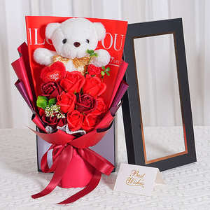 Bouquet de fleurs en savon éternel dans un coffret cadeau avec ours en peluche - Nouvelle saison de la Saint-Valentin et de la remise des diplômes, bouquet artificiel simulé - Product Image 6