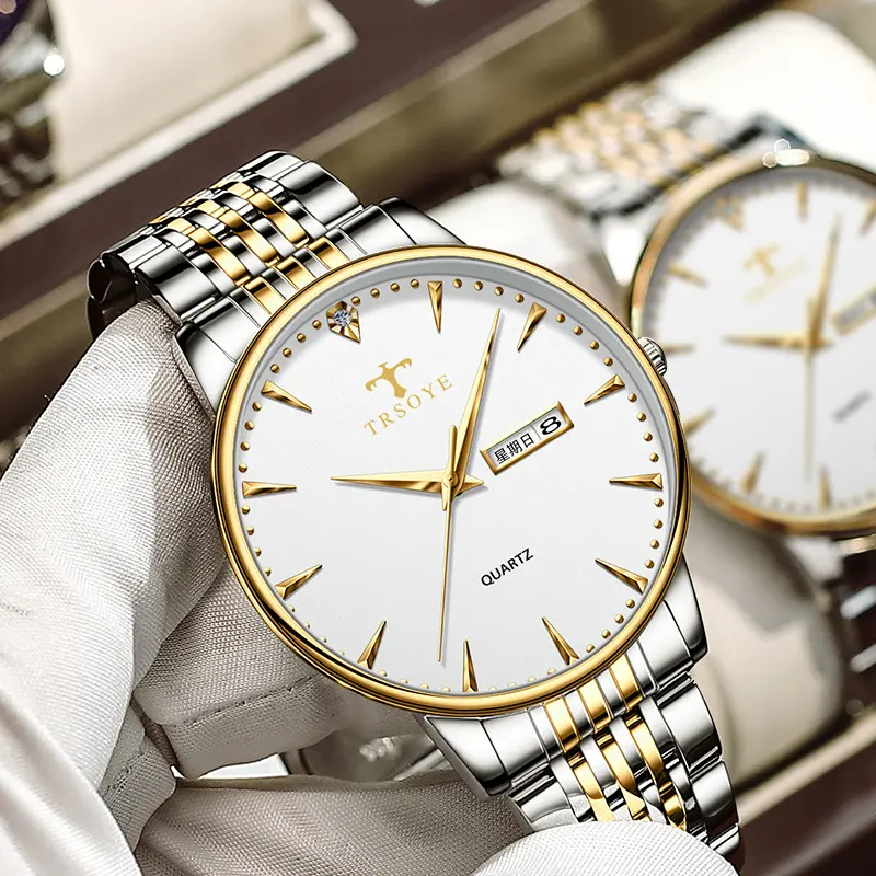 Nieuwe Mannen Mode Business Waterdichte Lichtgevende Dual Kalender Quartz Horloge Hot Stijl Mannen Stalen Band Horloge Horloge Groothandel
