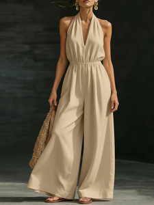 Combinaison de soirée formelle transfrontalière style européen et américain, col en V, coupe droite, jambe large, ensemble simple - Product Image 6