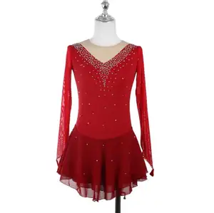 Figure skating performance clothing girls skating clothing children's adult competition test wine red long-sleeved skirt