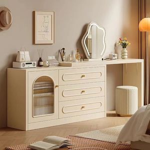 Solid Wood Dressing <b>Table</b> With Drawer Cream Color Lighted Mirror Bedroom <b>Makeup</b> Vanity For Home Use - Product Image 1