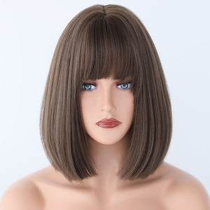 Peluca de cabello sintético para mujeres y niñas, pelo corto liso con flequillo, color marrón, bonito, Natural, para uso diario - Product Image 6
