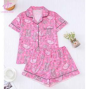 Loveda Wholesale Women Summer Cowboy Boots Print Casual <strong>Home</strong> Wear Short Sleeve Shirt Shorts <strong>Sweet</strong> Pajamas Set - Product Image 3