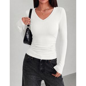 Camiseta de Punto Acanalado de Manga Larga con Cuello en V para Mujer, Ajustada, Básica, Informal, para Otoño, Suave y Elástica - Product Image 3