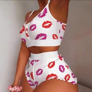 <span class=keywords><strong>Ensemble</strong></span> pyjama 2 pièces pour femmes et jeunes filles, tenue d'intérieur et de nuit mignonne, comprenant un haut caraco et un short, à prix abordable - Product Image 2