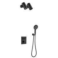 Système de douche thermostatique noir mat à double jet, avec mitigeur encastré, douchette à main et robinet de douche thermostatique