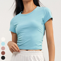 Nuevas camisetas para mujer, camiseta ajustada transpirable con sensación desnuda, ropa deportiva, camiseta de Yoga acanalada de manga corta, camisetas de Fitness para mujer