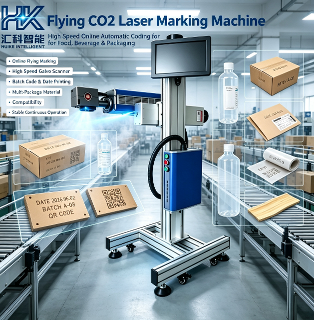 Continuous Production Flying CO2 Laser Marking Equipment High Speed for Plastic Bag Paper Box Packaging Expiry Date Engraving
