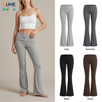 SUHE ODM Pantalon de yoga d'été pour femme, 91% Modal, taille haute élastique côtelée, pliable, coupe évasée, longueur intégrale, coupe bootcut, ample, 480g
