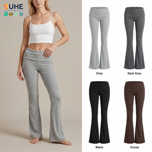 SUHE OEM ODM 91% Modal Spandex Ribbed Elastic Waist High Waist Foldover Flare Summer Yoga <b>Pants</b> Womens Bootcut - Product Image 1